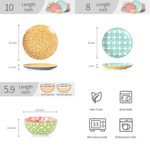 Image of Selamica Ceramic Plates and Bowls Sets,24 Pieces Dinnerware Sets for 8,Scratch Resistant Dish Set for family gathering,Dishwasher & Microwave Safe, Assorted Colors