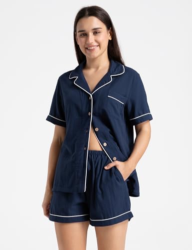 Image of Womens Muslin Pajama Set 100% Cotton Double Gauze Linen Like | Breathable Soft Comfort Button Up Loungewear Sleepwear PJ Set