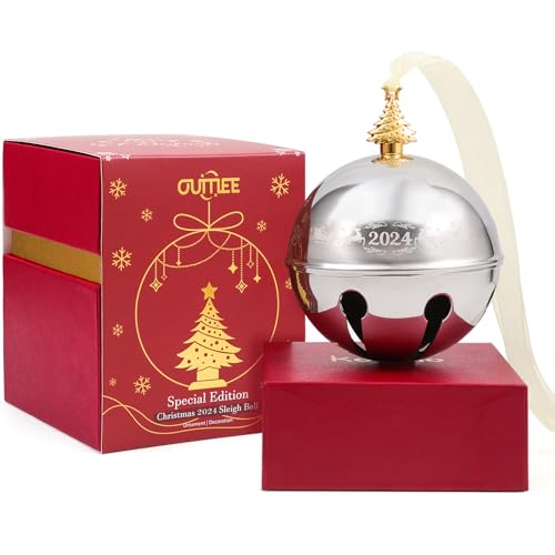 2024 Christmas Bell Ornaments, Sleigh Bell Annual Silver Bell for Christmas Tree Decorations Anniversary Holly Bell Holiday Keepsake