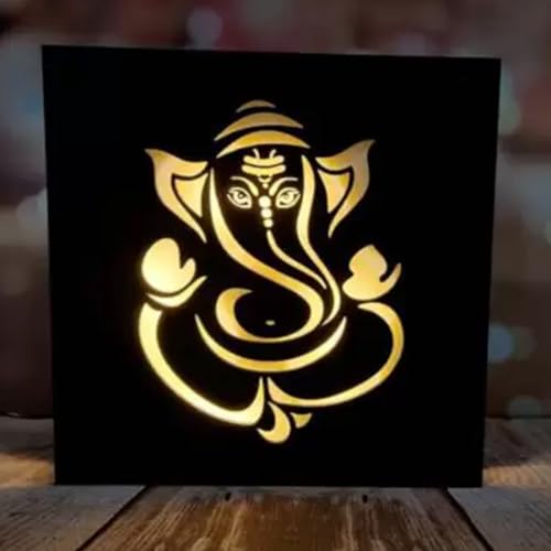 Image of Glamorous Creation Ganesha Theme Wooden LED Table Lamp (25cm, Brown)