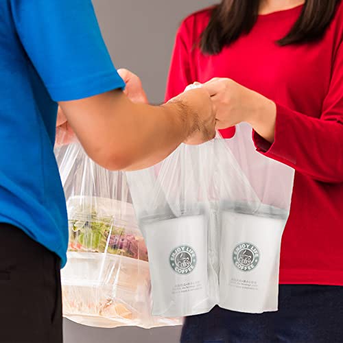 Cezoyx 300 Counts Handle Drinking Poly Bags, 2 Cup Plastic Handle Drink Carriers 12 X 11 Inch Clear Plastic Packaging Bags For Stores Delivery, Take Out, Beverage, Coffee, Juice #TOP7