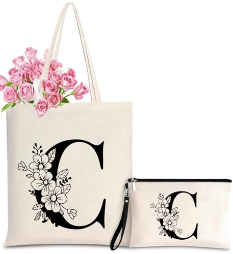 Initial Canvas Tote Bag for Women, Personalized Monogrammed Tote Bags with Makeup Gift Bag for Wedding Bridesmaids Birthday