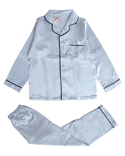 Image of Pajamas Kid Unisex Pjs Set Girls Boys Silk Pajamas Set Satin Long Sleeve 2 Piece Clasic Sleepwear for 2-12 Years Todder