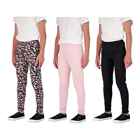 Star Ride Girls Leggings 3 Pack Pull On Pants Full Length Stretch Tights for Kids (Floral-Light Pink-Black, 7-8) Cover