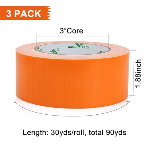 Image of BOMEI PACK Orange Duct Tape, 3Rolls Heavy Duty Strong Industrial Color Duct Tape 9mil x 1.88inch x 30yds for Packing and Repairing