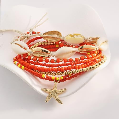 Image of Shell Anklets Bracelet for Women Waterproof Surfer Starfish Bracelet Puka Shell Anklet Colorful Boho Stack Stretch Bead Bracelet Set Hawaii Summer Beach Vacation Foot Jewelry