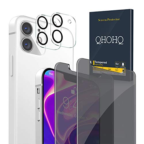QHOHQ [2 Piezas] Protector Pantalla de Privacidad para iPhone 12 Mini [5.4] con 2 Piezas Protector de Lente de Cámara, Cristal Templado Membrana, [9H Dureza] - HD - [Anti-Arañazos]