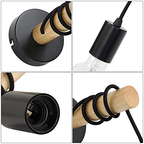 Applique Murale en Bois Vintage, Applique Rétro Industrielle, Lampe Murale Suspendue à Base Ronde en Métal, Éclairage Mural Noire Intérieur E27 pour Chambre, Salon, Couloir (Sans Ampoules) - Image 5