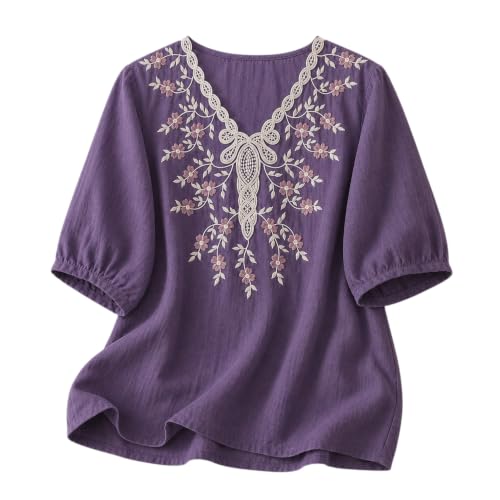 Image of RIEKA Womens Embroidered Korean Style Tunic Top, Floral Thread Work | V Neck | Puff Sleeves | Relaxed Fit Casual | Fusion Rayon Top for Every Day Styling