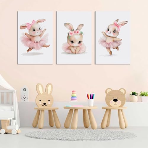 3 Pcs Pink Bunny Wall Art for Nursery Baby Room Cute Posters Prints Wall Decor Pictures Pink Preppy Dress Rabbit Ballet Artwork Canvas Paintings for Girls Room Bedroom Hone Decoration Unframed - Image 4