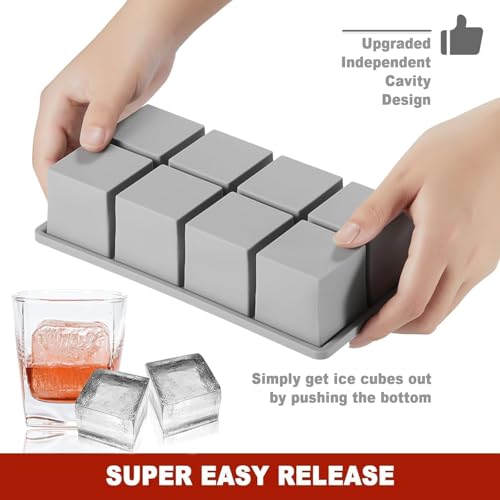 Image of Ice Cube Molds with Lid,Big Silicone Ice Cube Tray for Whiskey,2Inch Square Ice Cube Tray,Easy-Release Ice Mold,Giant Ice Cubes for Bourbon Cocktail (2, Off-Grey)