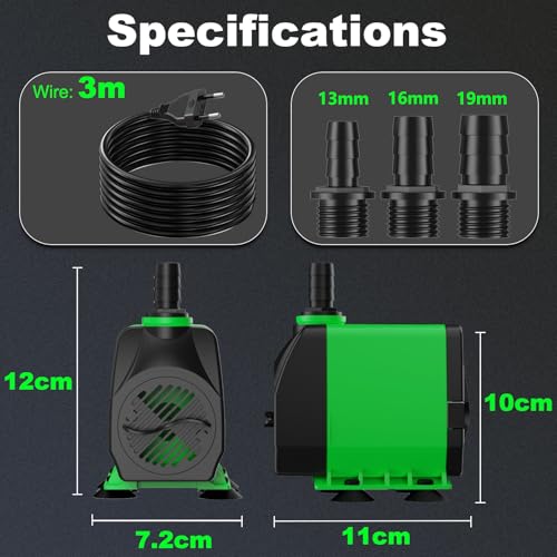 Springbrunnenpumpe 60W 3000L/H Teichpumpe Mit 3m Extra-Langes Kabel Schutz vor Überhitzung Funktion Ultra Leise Aquariumpumpe Wasserpumpen für Brunnen, Hydroponik-Systeme, Submersible Tauchpumpe