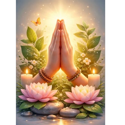 Image of 5D Diamond Art Kits for Adults, Praying Hands Diamond Painting Kits for Beginners, Lotus DIY Full Drill Round Rhinestone Gem Art Crafts Paintings for Spiritual Harmony and Home Wall Decor 12 x 16 inch