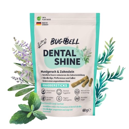 BugBell 60g Knabbersticks DentalShine - Soft Hundeleckerli mit sehr wenig Fett - Mundgeruch & Zahnstein mit Pfefferminze - Vegane Dental Sticks Hund mit Kartoffel, Chlorella & Salbei