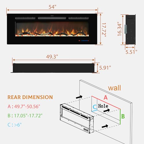Kentsky 54 inches Electric Fireplace Inserts, Recessed and Wall Mounted Fireplace Heater, Linear Fireplace w/Thermostat, Remote & Touch Screen, Multicolor Flame, Timer, Log & Crystal, 750W/1500W by Kentsky - Image 6