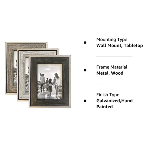 Tasse Verre 4x6 Rustic Picture Frames (3-Pack) - Distressed Farmhouse Industrial Table Frame - Ready to Hang or Stand - Built-in Easel - Silver Galvanized Metal Look with Wood Insert - Thumbnail 7