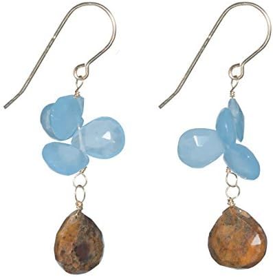 Earth Blue Chalcedony Dangle Earrings with Brown Honey Quartz on 14K Gold Filled French Earwire