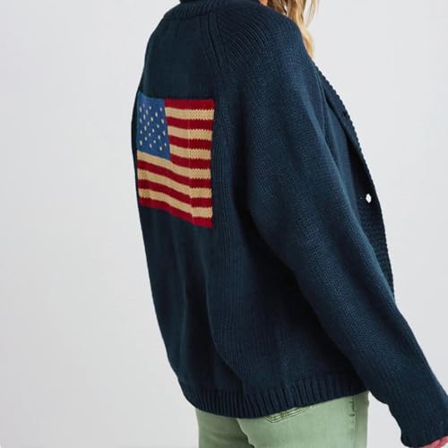Women's American Flag Knit Sweater Cardigan Fold Collar Cardigans Long Sleeve Button Front Knitwear Shawl Coats3