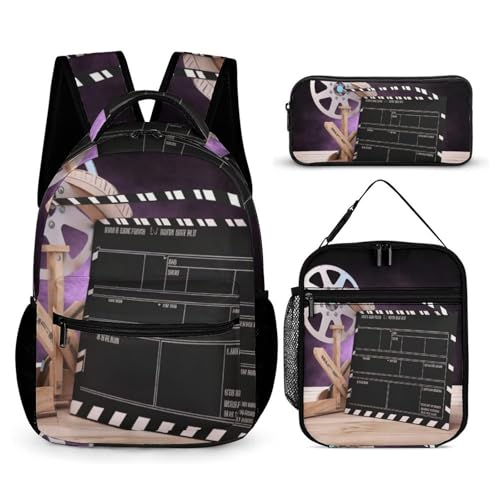 Movies Clapperboard Backpack Set 3 Piece, Durable Backpack Insulated Lunch Bag Portable Pencil Case for Men Women
