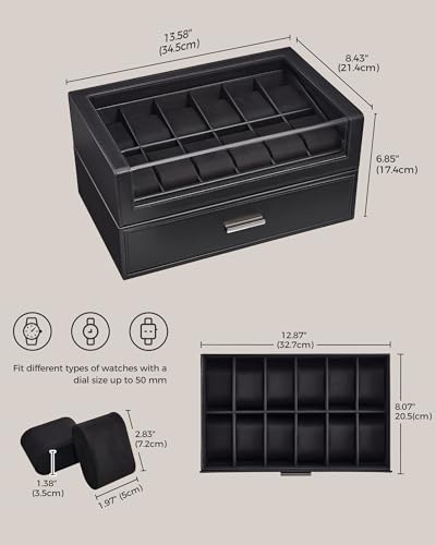 Image of ProCase Watch Box for Men, 24 Slots Watch Display Holder with Clear Acrylic Top, Large Capacity PU Leather Case with Drawer Organizer, Jewelry Storage, Ideal Gift for Men Women -Black