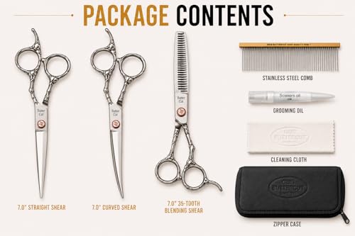 Image of Geib Buttercut Dog Grooming Scissors Kit, Three-Piece Set with Straight, Curved and 35-Tooth Blending Shear, Stainless Steel, Zipper Case Included