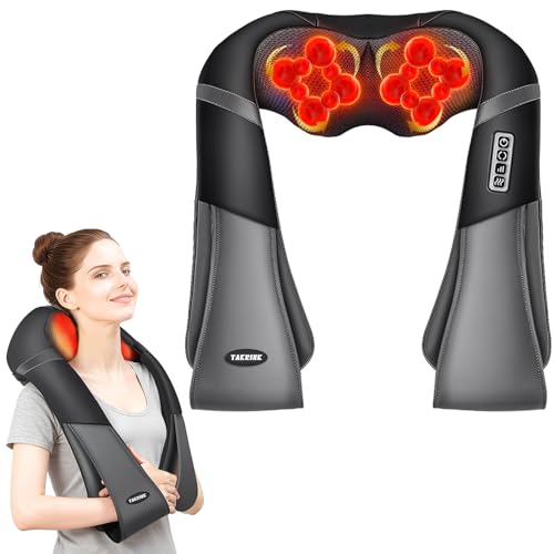 TAKRINK Masajeador Shiatsu 16 Cabezales de Masaje Integrados Masajeador de Hombros Cuello 3 Niveles de Velocidad Dirección Ajustable Relajación con Calor en Oficina Casa