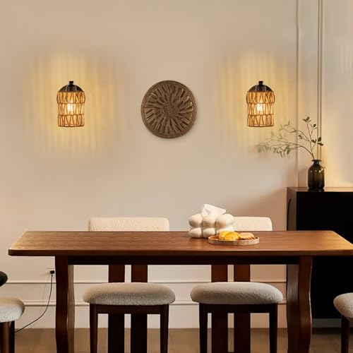 Zswanbei WBBIDENGR001 Boho Rattan Wall Sconces Set Of Two Bedside Wall Lamp Hardwired Hand-Woven Farmhouse Wall Sconce Indoor Wall Lights thumb #2