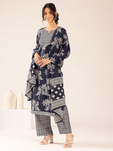 Image of Vbuyz Women Foil Print & Gota Patti Work Straight Cotton Salwar Suit | Straight Kurta Pant Dupatta | Kurta Set with Dupatta for Women | Suit Set | Ethnic Set | Printed Kurta Set