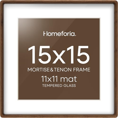 Homeforia 15x15 Picture Frame Brown Mortise & Tenon Walnut 15 x 15 Wooden Square Frames with Mat 11 by 11 for Wall 15by15 Dark Wood Frame Matted to 11x11 inch Art Tempered Glass Wall Kit Set of 1