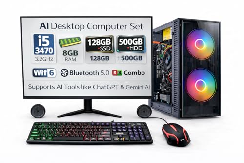 Image of TECNICO AI Ready Desktop PC - Core i5-3470 3.2GHz, 8GB RAM, 128GB SSD + 500GB HDD, 20inch Monitor, Windows 11, WiFi - Supports AI Tools Like ChatGPT for Office, Study & Business