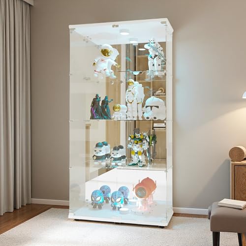 DAHUEN Vitrina de cristal, 4 capas, cristal y madera, con iluminación LED, 2 puertas con cerradura, vitrina de pie, para salón, dormitorio, oficina, vitrina coleccionable, color blanco