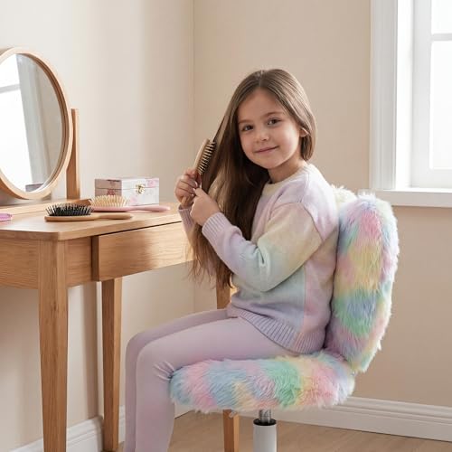 Image of Kmax Kids Reading Chair, Rolling Cute Desk Chair for Girls Swivel Office Chair with Wheels & Heart Back Adjustable Childrens Vanity Chair for Bedroom Reading Room - Faux Fur, Various