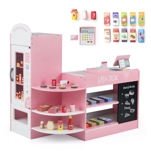 COSTWAY Pretend Play Shop, Kids Supermarket Playset with Cash Register, Vending Machine, Chalkboard, Wooden Role Play Grocery Store for Children Ages 3+ (Pink)