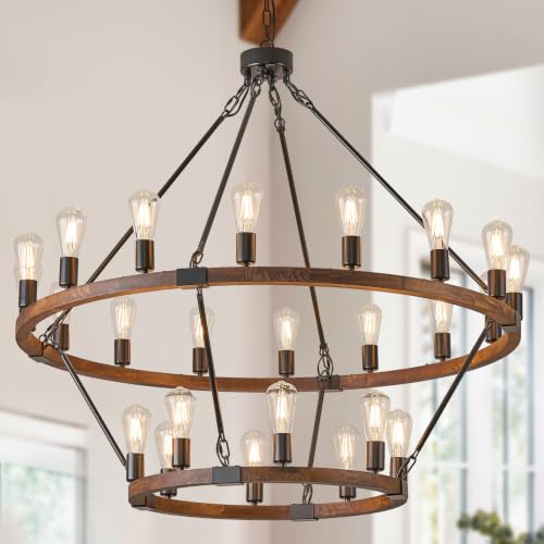 Image of Farmhouse Wood Wagon Wheel Chandelier 24-Light 43.3 inch Light Fixture