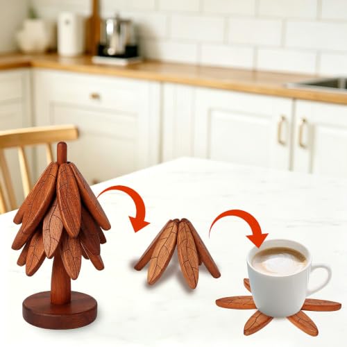 Wood Tree Coaster Set with Stand | Leaf Anti‑Slip Pattern Trivets for Hot Dishes Pots Teapots Bowl | Heat Resistant Kitchen Trivet Set | Natural Wood Home Decor (Texture- 4 Pcs) - image 3