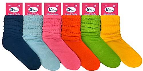 Uwear Cotton Slouch Socks 9-11 Six Pack Assorted & Solid Colors (Spring Assortment)
