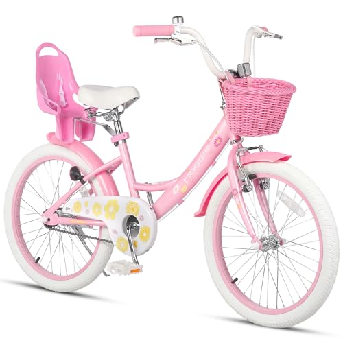 Glerc Maggie 20 Pulgadas niñas Bicicleta Edad 7 8 9 10 11 13 años de Edad niños Bicicleta Estilo Princesa con Asiento de la muñeca Cesta Pata de Cabra Campana para cumpleaños, Rosa y Blanco