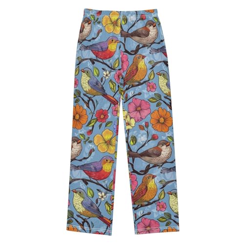 Colorful Flowers Birds Boys Long Pants Soft Trousers Elastic Waist Kids Lounge Bottoms with Pockets S-XL