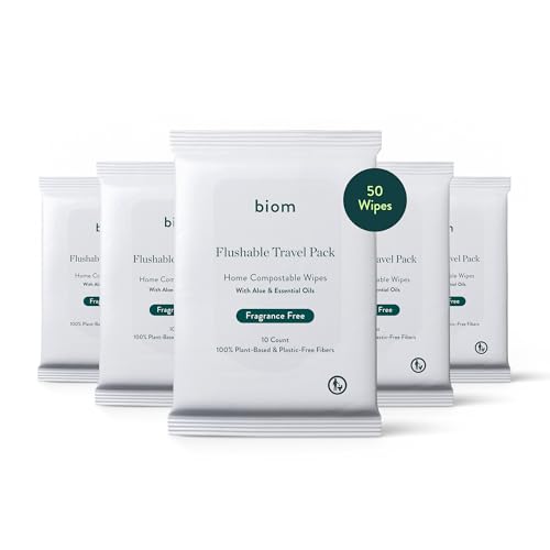 Biom Flushable Wipes -Travel Size 5 pack(50 Wipes) -Plastic-Free Plant Fiber Fragrance-Free and Gentle for Sensitive Skin Aloe Infused - Hypoallergenic Unscented