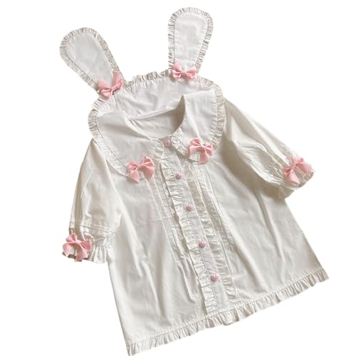 Sweet Lolita Bunny Rabbit Ear Bow Blouse for Girls Students Cute Ruffled Short Sleeve Shirt Top Shirts