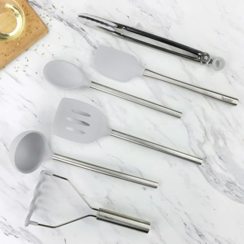 Image of Tovolo Silicone Cooking Utensil Set of 6 Stainless Steel Handle Ladle Slotted Turner Tongs Flex Core Spatula Scraper Mixing Spoon & Potato Masher, Dishwasher Safe BPA Free Utensils, Oyster Gray