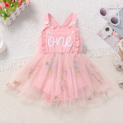 IMEKIS Baby Girls 1st Birthday Outfit Embroidered Floral Tulle Boho Romper Dress Headband Cake Smash Photo Shoot2
