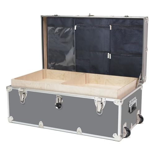 Image of Large Essential Trunk With Wheels, Tray, & Lid Organizer - 32 inchx18 inchx14 inch, 1000+ lbs Capacity. Strong, USA Made Summer Camp Footlocker, and Secure College Dorm Storage Chest