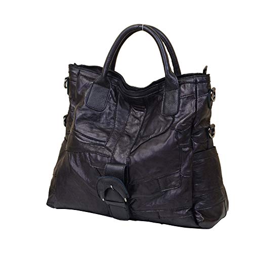 SegaterÂ® Womenâ€™s Full Sheepskin Shoulder Bag Black Patchwork Crossbody Bags Stitching Handbag Purses Work Messenger Bags