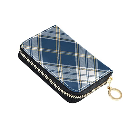 susiyo RFID Credit Card Holder Case Navy Blue White Large Plaid Leather Printed Zipper Card Case Wallet for Women Girls