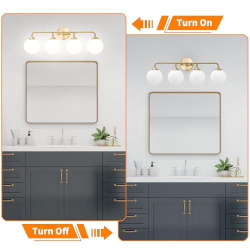 Image of Modern Brushed Brass Bathroom Light Fixtures, Elegant Gold 4-Lights Vanity Light Fixtures, Milky White Globe Glass Shade Vanity Light over Mirror, Wall Sconces for Bathroom Dressing Table Bedroom