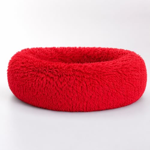 Image of ZEXSAZONE Summer Calming Dog Bed & Cat Bed for Indoor Cats Medium Size Washable Anti-Slip Anti-Anxiety Donut Mat for Small Dogs & Fluffy Plush Cozy Round Dog Bed (Small Red)