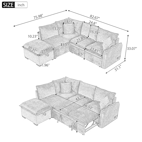 Image of ERYE 82.5 inch L-Shaped Left Facing Corner Sleeper Sectional Sofa with Pull Out Sleeper Couch Bed for Living Room,L-Shaped Boucle Upholstered Convertible Sofabed W /Storage Ottoman