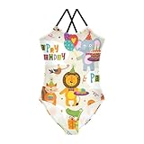 DIGTIA Girls' One-Piece Swimwear Funny Cute Animals Swimsuit with Adjustable Sraps,Cross Back Design,Quick Dry Bathing Suits for Teen Girls 7-8T Happy Birthday