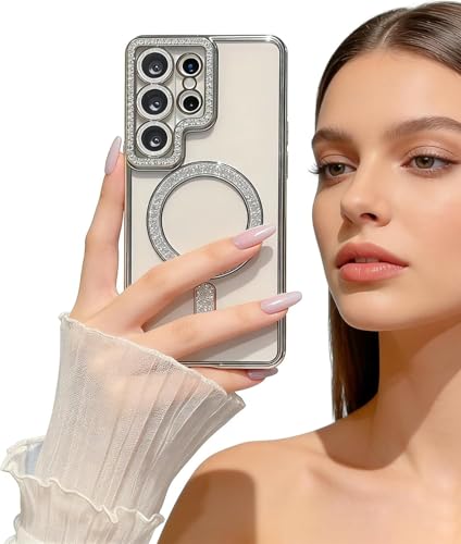 Image of DIZORO Compatible with (Samsung Galaxy S26 Ultra Case) Clear Diamond Glitter Case |Camera Lens Protector with Glitter Ring | Premium Shockproof Glossy Shiny Back Cover Case for Girls Women -Silver